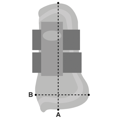 Immagine di una stinchiera in cui sono indicate le taglie A e B.